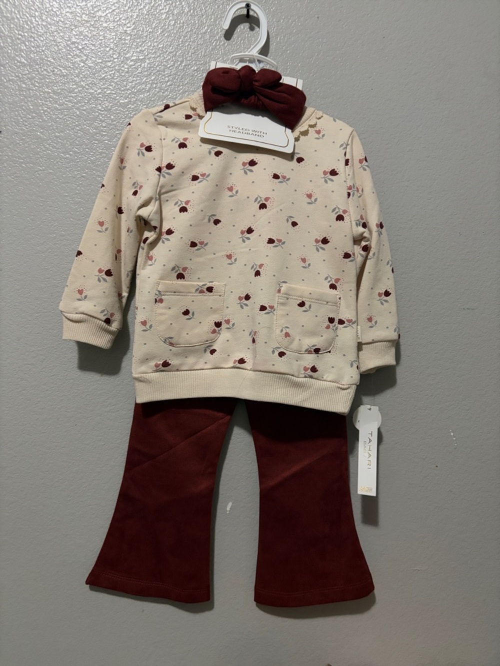 Tahari Cream and Burgundy Floral Kids Matching Set